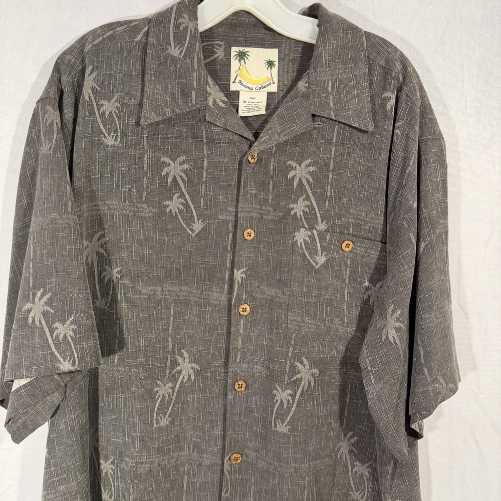 banana cabana silk shirt Men's XL Gray Hawaiian Palm Trees‎ Tropical Shirt Beach
